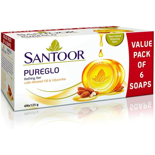 Santoor PureGlo Glycerine Soap with Almond Oil and Glycerine, 125g (Pack of 6)