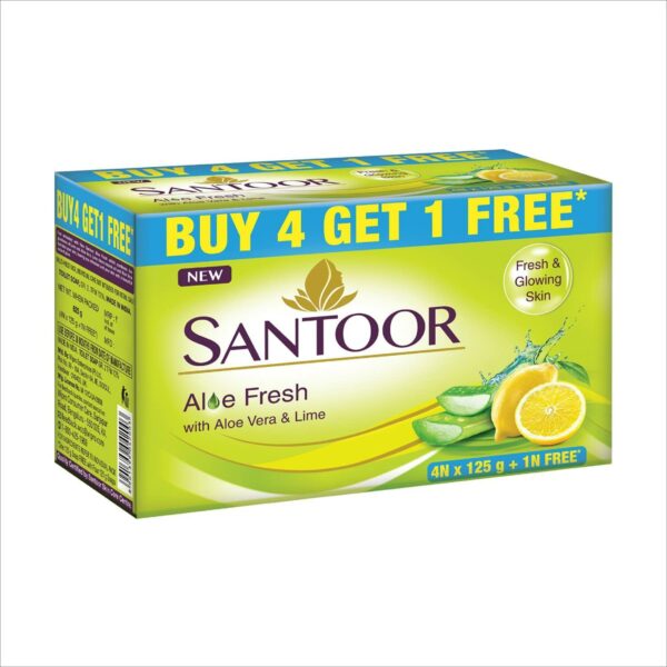 Santoor Aloe Fresh Soap with Aloe Vera and Lime, 125g (Buy 4 Get 1 Free)